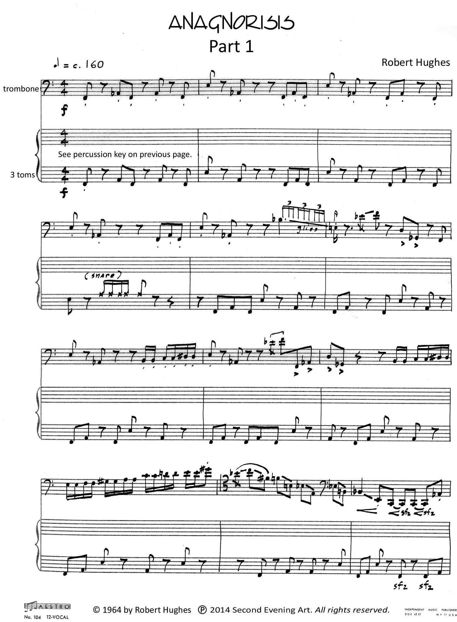 sample page, music score 'Anagnorisis' for trombone (doubling garden hose) and percussion by Robert Hughes